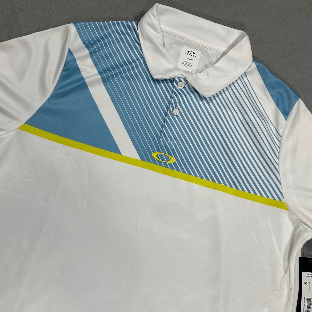 Oakley Hydrolix Mens Regular Fit Polo Shirt White Blue Yellow Geometric Small